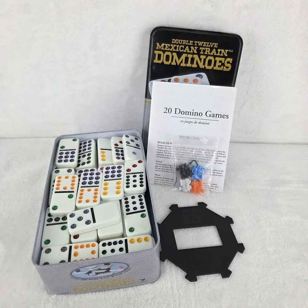Cardinal Mexican Train Dominoes Set 91 Color Dot Double Twelve Tin Box Complete